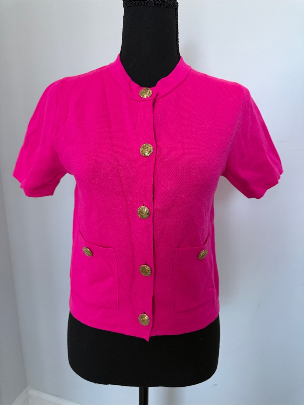 Zara Hot Pink Short-Sleeve Knit Blazer with Gold Buttons